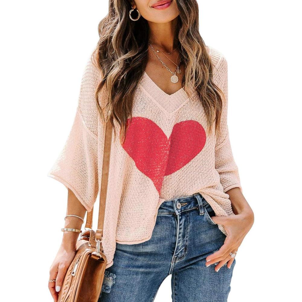 image:imageSaodimallsu Womens Cute Heart Sweaters Short Sleeve V Neck Valentines Tops Lightweight Knit Casual ShirtsBeige