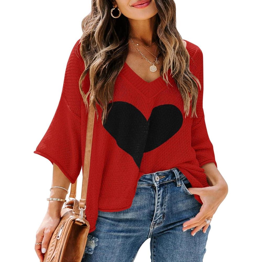 image:imageSaodimallsu Womens Cute Heart Sweaters Short Sleeve V Neck Valentines Tops Lightweight Knit Casual ShirtsRed