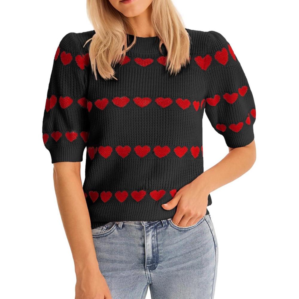 image:imageSaodimallsu Womens Heart Striped Sweaters Valentines Puff Short Sleeve Sweaters Cute Lightweight Knit Crewneck TopsBlack