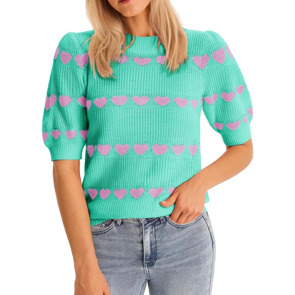 image:imageSaodimallsu Womens Heart Striped Sweaters Valentines Puff Short Sleeve Sweaters Cute Lightweight Knit Crewneck TopsGreen