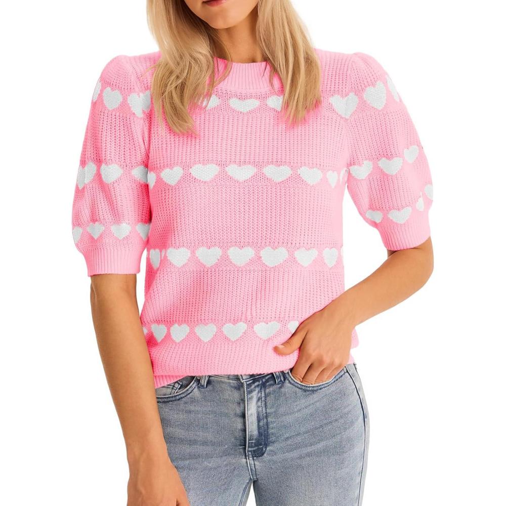 image:imageSaodimallsu Womens Heart Striped Sweaters Valentines Puff Short Sleeve Sweaters Cute Lightweight Knit Crewneck TopsPink