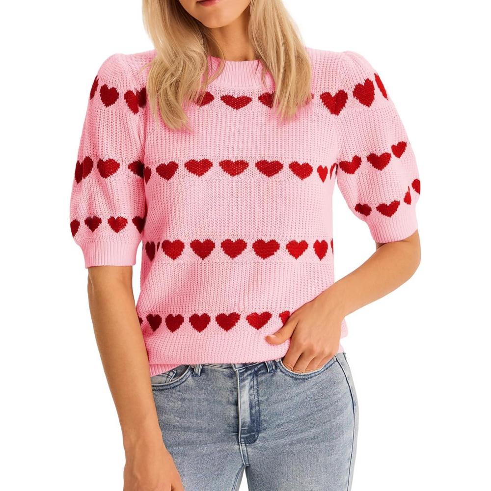 image:imageSaodimallsu Womens Heart Striped Sweaters Valentines Puff Short Sleeve Sweaters Cute Lightweight Knit Crewneck TopsPinkred