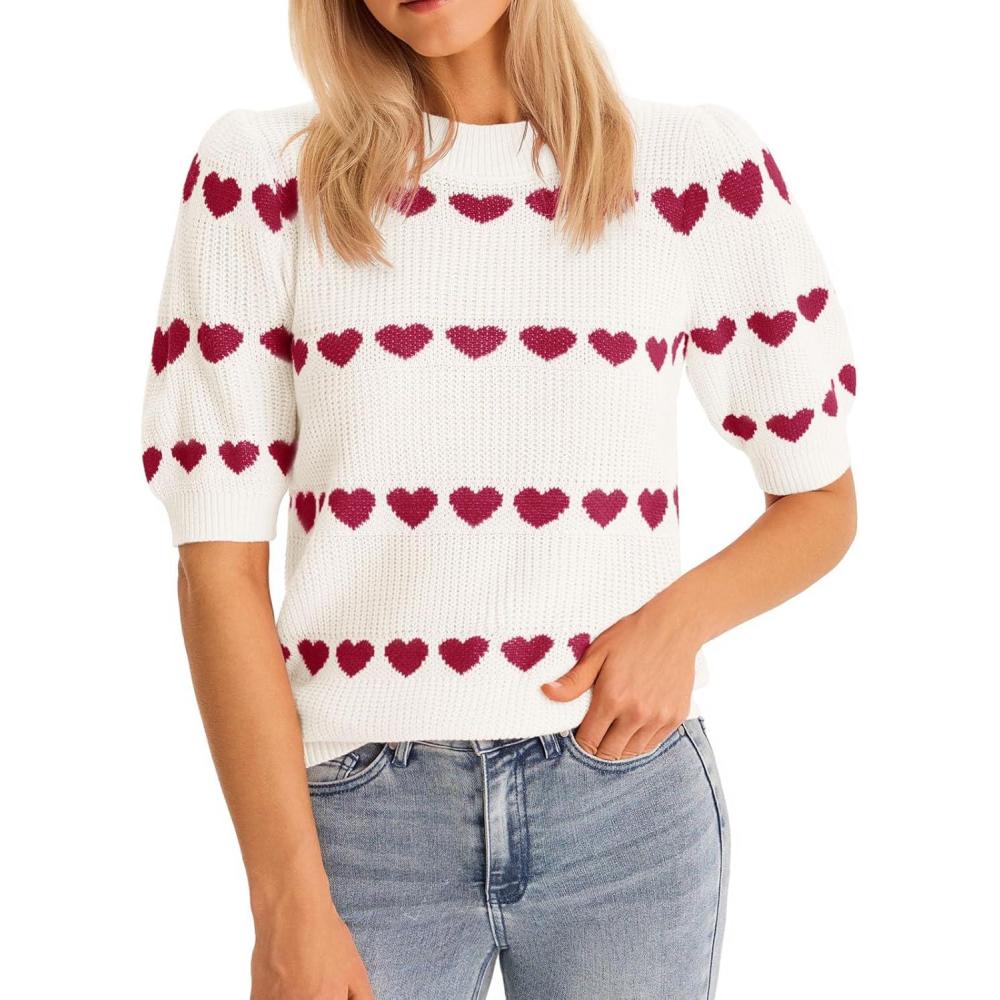 image:imageSaodimallsu Womens Heart Striped Sweaters Valentines Puff Short Sleeve Sweaters Cute Lightweight Knit Crewneck TopsWhite