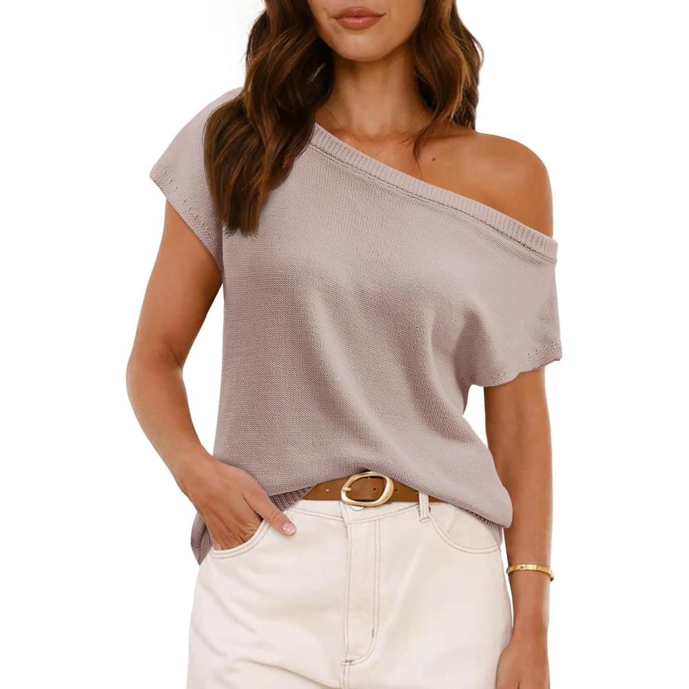 image:imageSaodimallsu Womens Off Shoulder Short Sleeve Knit Sweater TopLight Brown