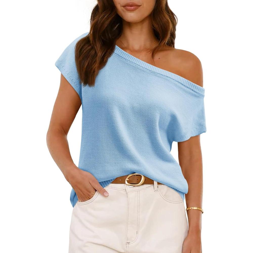 image:imageSaodimallsu Womens Off Shoulder Short Sleeve Knit Sweater TopSky Blue