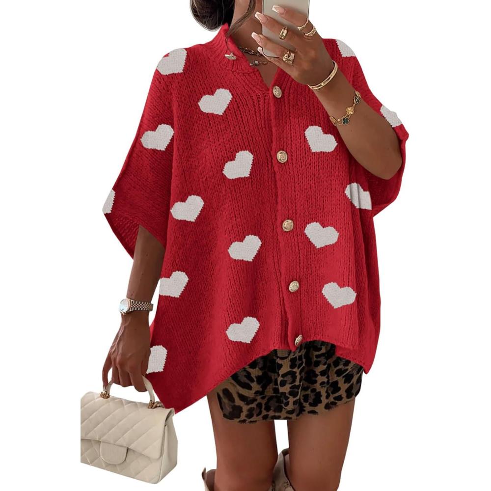 image:imageSaodimallsu Womens Oversized Cardigan Sweaters Short Sleeve Button Down Casual Lightweight Loose Knit Trendy CardigansHeartred
