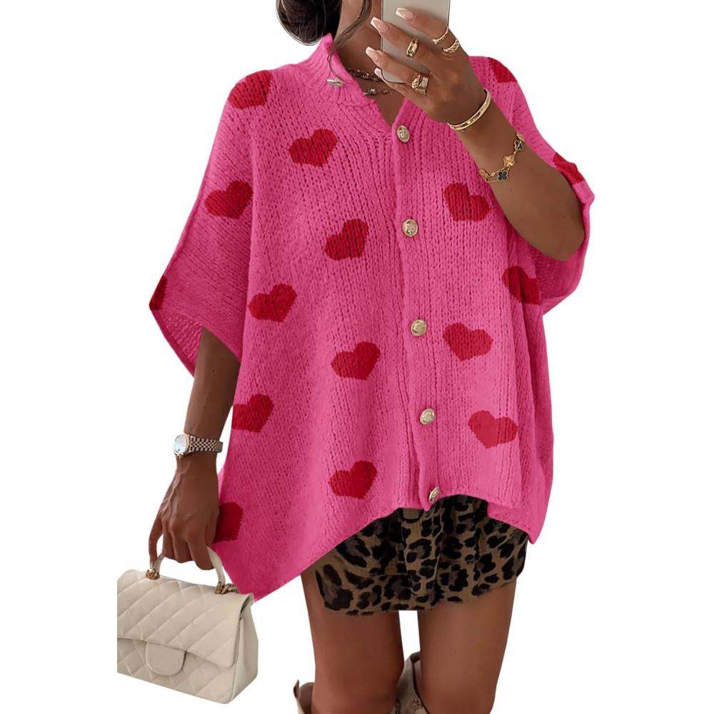 image:imageSaodimallsu Womens Oversized Cardigan Sweaters Short Sleeve Button Down Casual Lightweight Loose Knit Trendy CardigansHeartrose Red