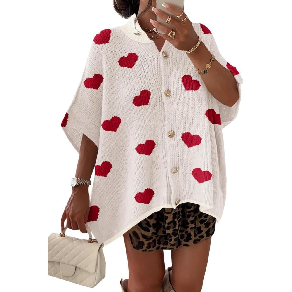 image:imageSaodimallsu Womens Oversized Cardigan Sweaters Short Sleeve Button Down Casual Lightweight Loose Knit Trendy CardigansHeartwhite