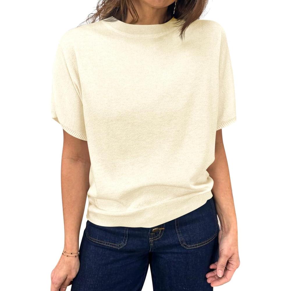 image:imageSaodimallsu Womens Short Sleeve Crew Neck Knit Pullover SweaterBeige