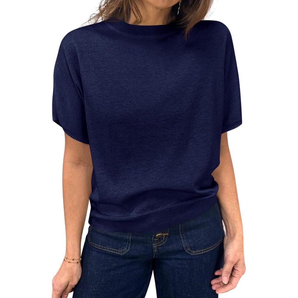 image:imageSaodimallsu Womens Short Sleeve Crew Neck Knit Pullover SweaterNavy Blue