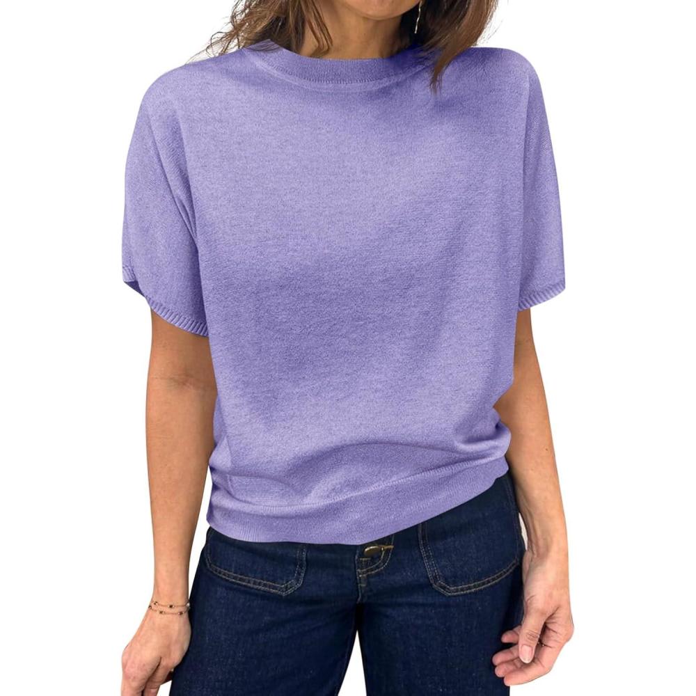 image:imageSaodimallsu Womens Short Sleeve Crew Neck Knit Pullover SweaterPurple