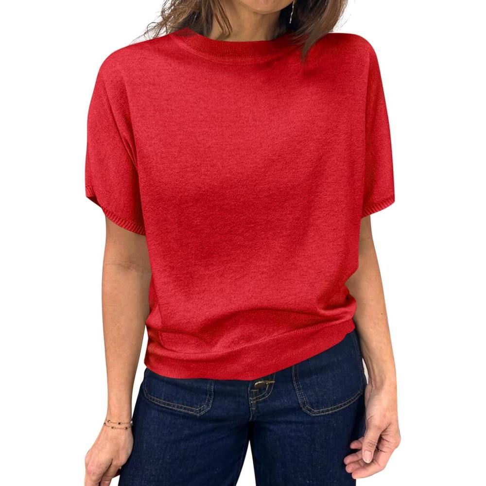 image:imageSaodimallsu Womens Short Sleeve Crew Neck Knit Pullover SweaterRed