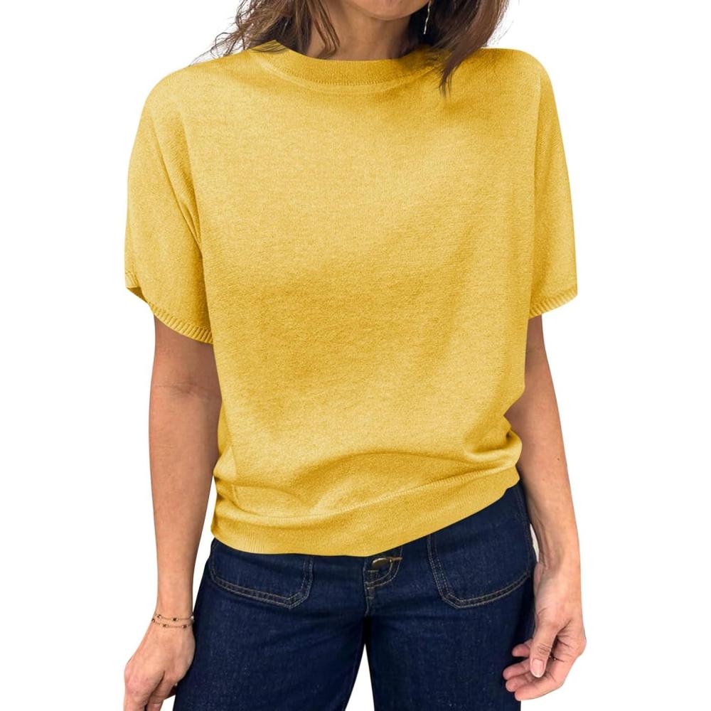 image:imageSaodimallsu Womens Short Sleeve Crew Neck Knit Pullover SweaterYellow