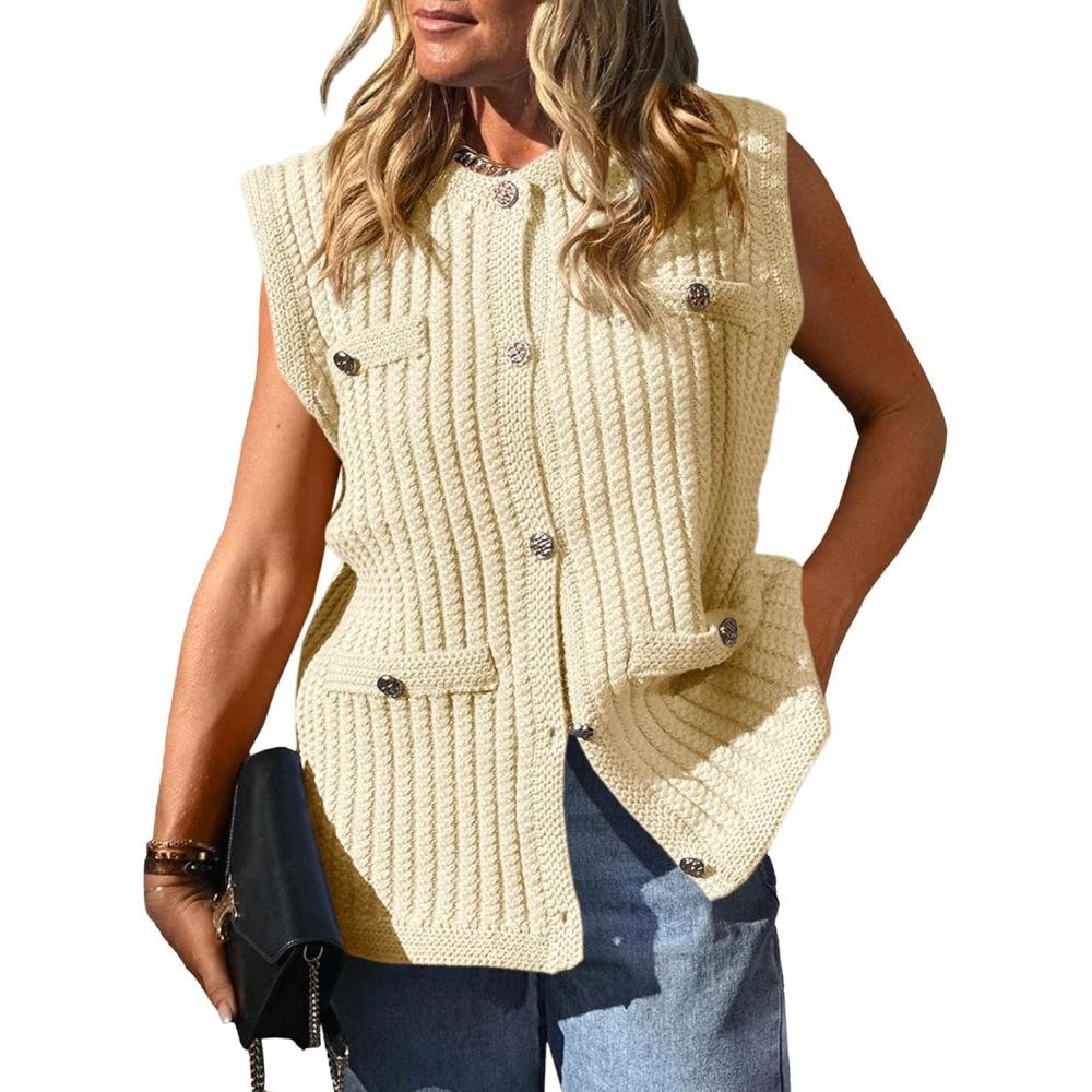 image:imageSaodimallsu Womens Sleeveless Sweater Vest Button Up Cable Knit Crew Neck Trendy Casual Loose Summer CardiganBeige