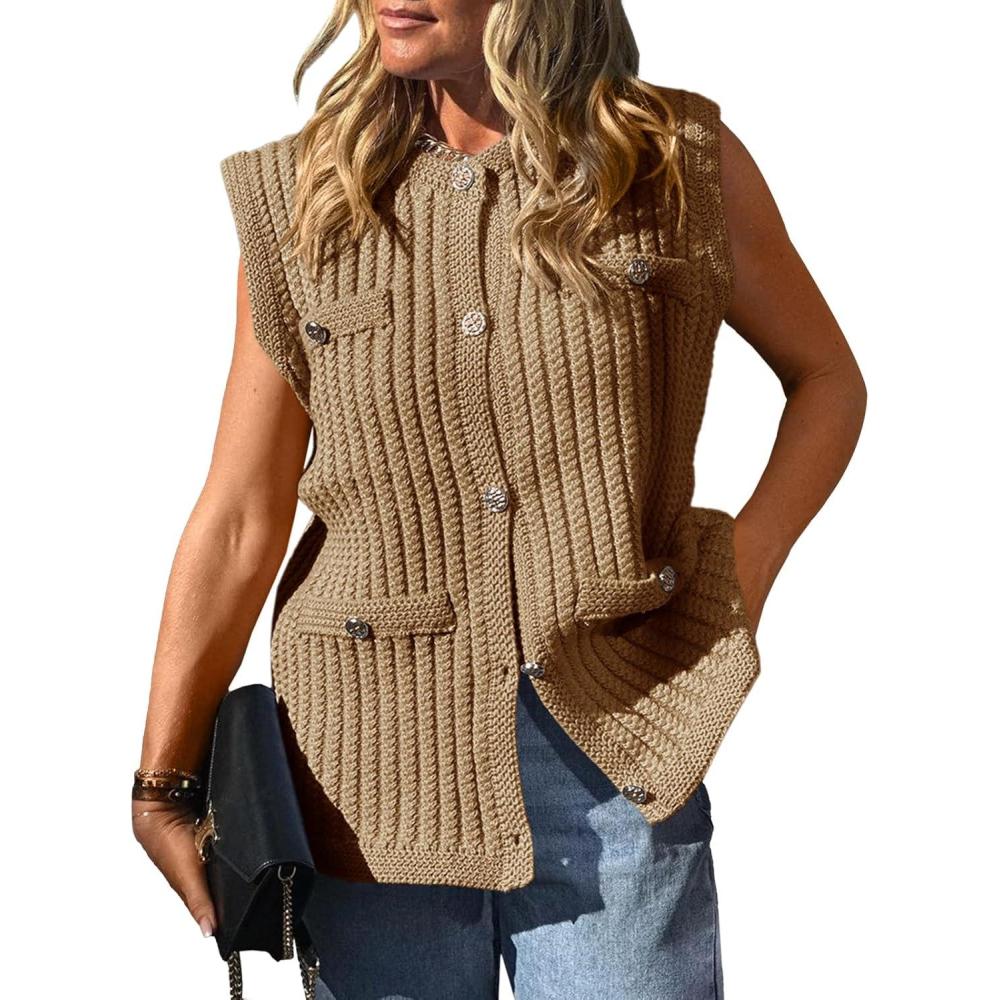 image:imageSaodimallsu Womens Sleeveless Sweater Vest Button Up Cable Knit Crew Neck Trendy Casual Loose Summer CardiganKhaki