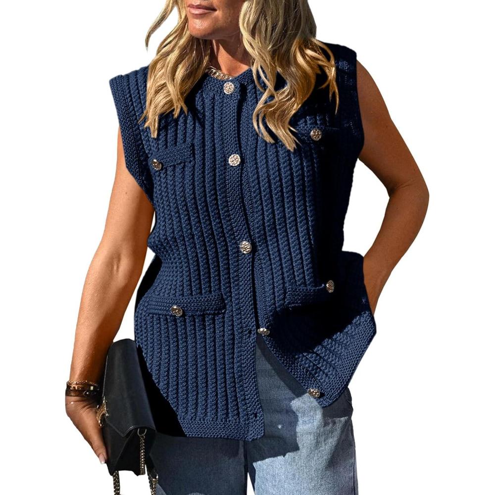 image:imageSaodimallsu Womens Sleeveless Sweater Vest Button Up Cable Knit Crew Neck Trendy Casual Loose Summer CardiganNavy