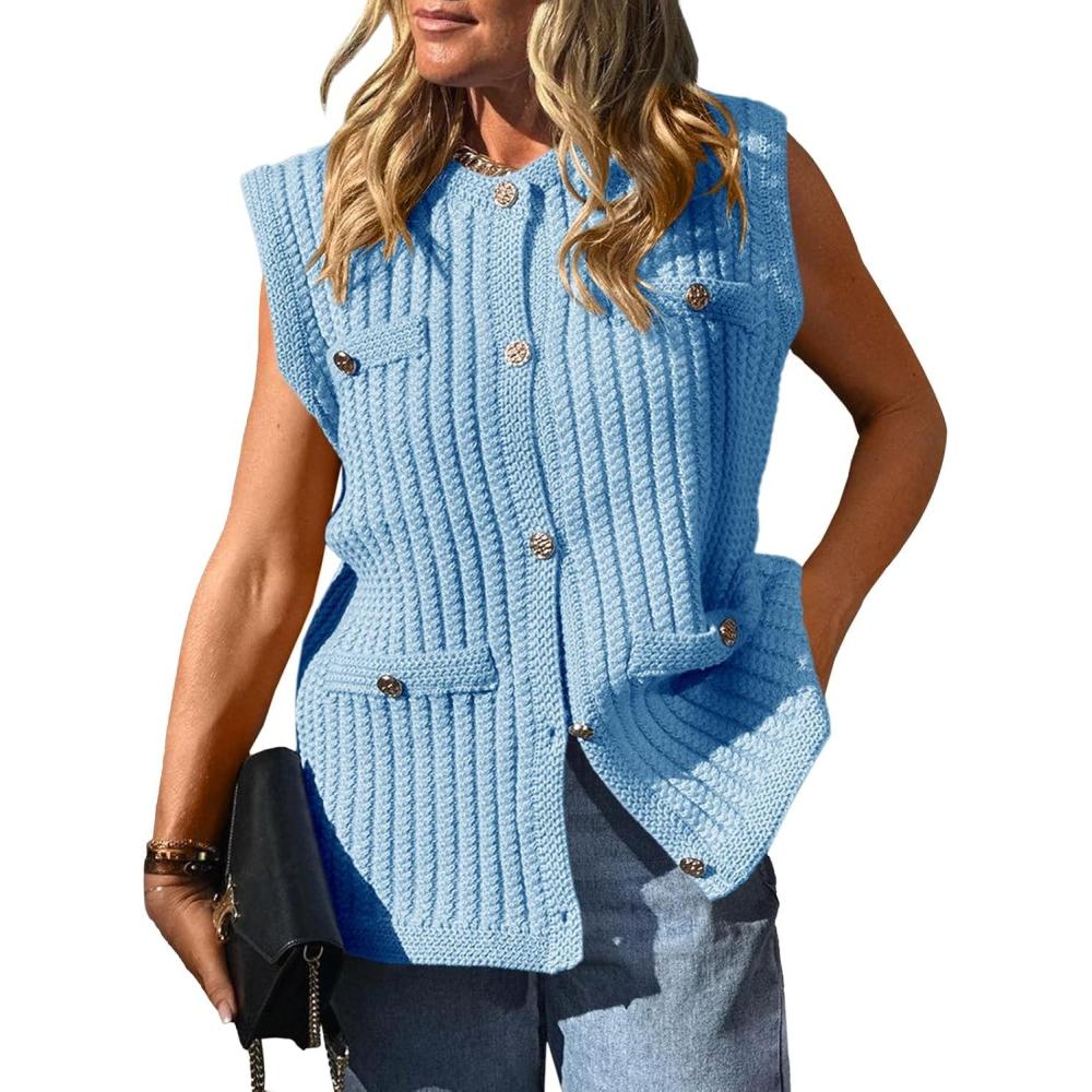 image:imageSaodimallsu Womens Sleeveless Sweater Vest Button Up Cable Knit Crew Neck Trendy Casual Loose Summer CardiganSky Blue