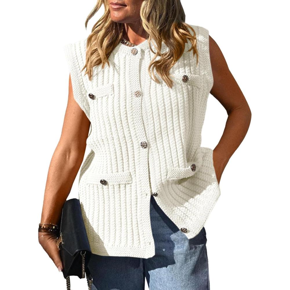 image:imageSaodimallsu Womens Sleeveless Sweater Vest Button Up Cable Knit Crew Neck Trendy Casual Loose Summer CardiganWhite
