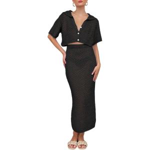 Saodimallsu Women Crochet Beach Cover Up Set Knit Crop Button Short Sleeve Collar Top Bodycon Long Skirt 2 Piece Outfits(Black)