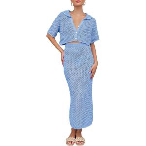 Saodimallsu Women Crochet Beach Cover Up Set Knit Crop Button Short Sleeve Collar Top Bodycon Long Skirt 2 Piece Outfits(Light Blue)