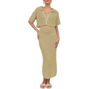 Saodimallsu Women Crochet Beach Cover Up Set Knit Crop Button Short Sleeve Collar Top Bodycon Long Skirt 2 Piece Outfits(Light Khaki)