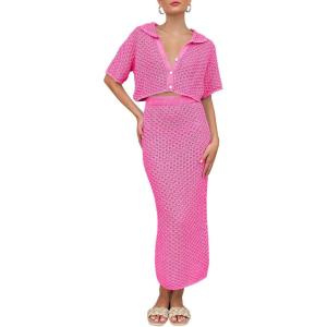 Saodimallsu Women Crochet Beach Cover Up Set Knit Crop Button Short Sleeve Collar Top Bodycon Long Skirt 2 Piece Outfits(Rose Red)