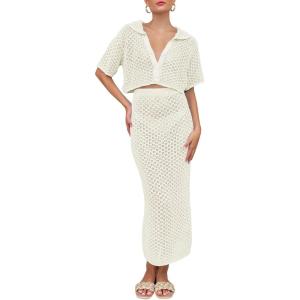 Saodimallsu Women Crochet Beach Cover Up Set Knit Crop Button Short Sleeve Collar Top Bodycon Long Skirt 2 Piece Outfits(White)