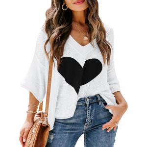 Saodimallsu Womens Cute Heart Sweaters Short Sleeve V Neck Valentines Tops Lightweight Knit Casual Shirts(Black&white)