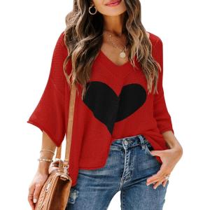 Saodimallsu Womens Cute Heart Sweaters Short Sleeve V Neck Valentines Tops Lightweight Knit Casual Shirts(Red)