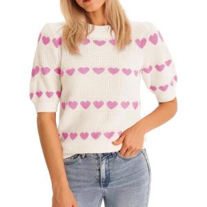 Saodimallsu Womens Heart Striped Sweaters Valentines Puff Short Sleeve Sweaters Cute Lightweight Knit Crewneck Tops(Beige)