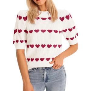 Saodimallsu Womens Heart Striped Sweaters Valentines Puff Short Sleeve Sweaters Cute Lightweight Knit Crewneck Tops(White)