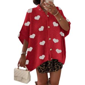 Saodimallsu Womens Oversized Cardigan Sweaters Short Sleeve Button Down Casual Lightweight Loose Knit Trendy Cardigans(Heart-red)