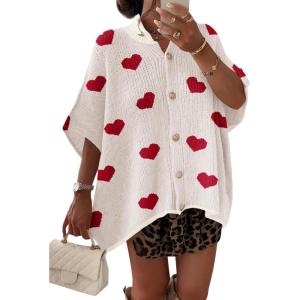 Saodimallsu Womens Oversized Cardigan Sweaters Short Sleeve Button Down Casual Lightweight Loose Knit Trendy Cardigans(Heart-white)