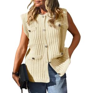 Saodimallsu Womens Sleeveless Sweater Vest Button Up Cable Knit Crew Neck Trendy Casual Loose Summer Cardigan(Beige)