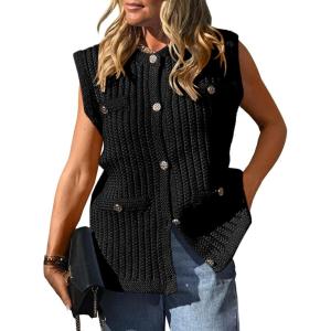 Saodimallsu Womens Sleeveless Sweater Vest Button Up Cable Knit Crew Neck Trendy Casual Loose Summer Cardigan(Black)