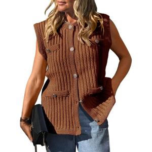 Saodimallsu Womens Sleeveless Sweater Vest Button Up Cable Knit Crew Neck Trendy Casual Loose Summer Cardigan(Brown)