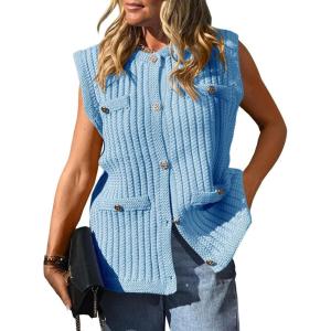 Saodimallsu Womens Sleeveless Sweater Vest Button Up Cable Knit Crew Neck Trendy Casual Loose Summer Cardigan(Sky Blue)
