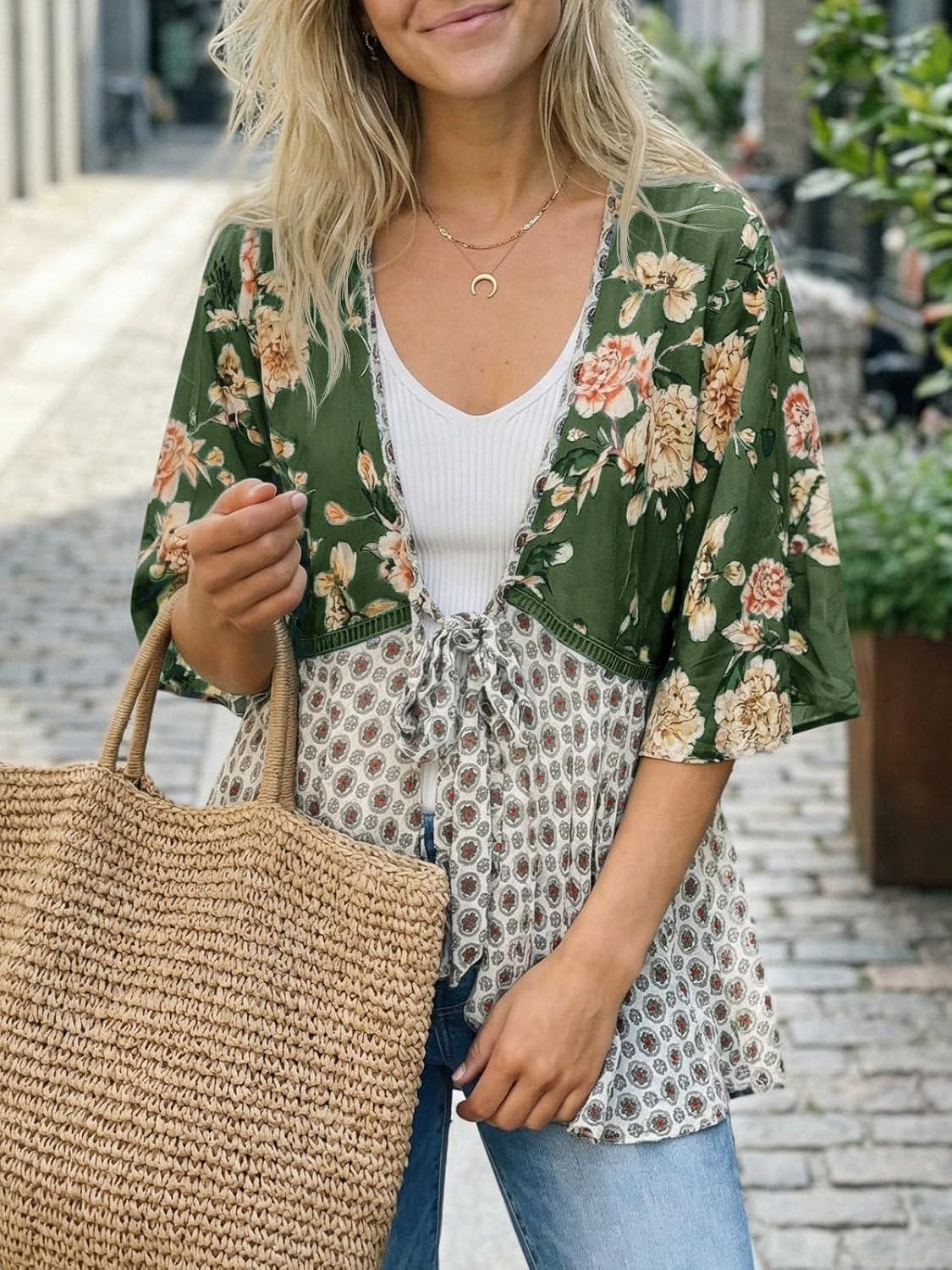 image:imageSaodimallsu Womens Tie Front Kimono Cardigans Floral Lightweight Ruffle 34 Sleeve Boho Flowy Beach Cover UpsArmy Green