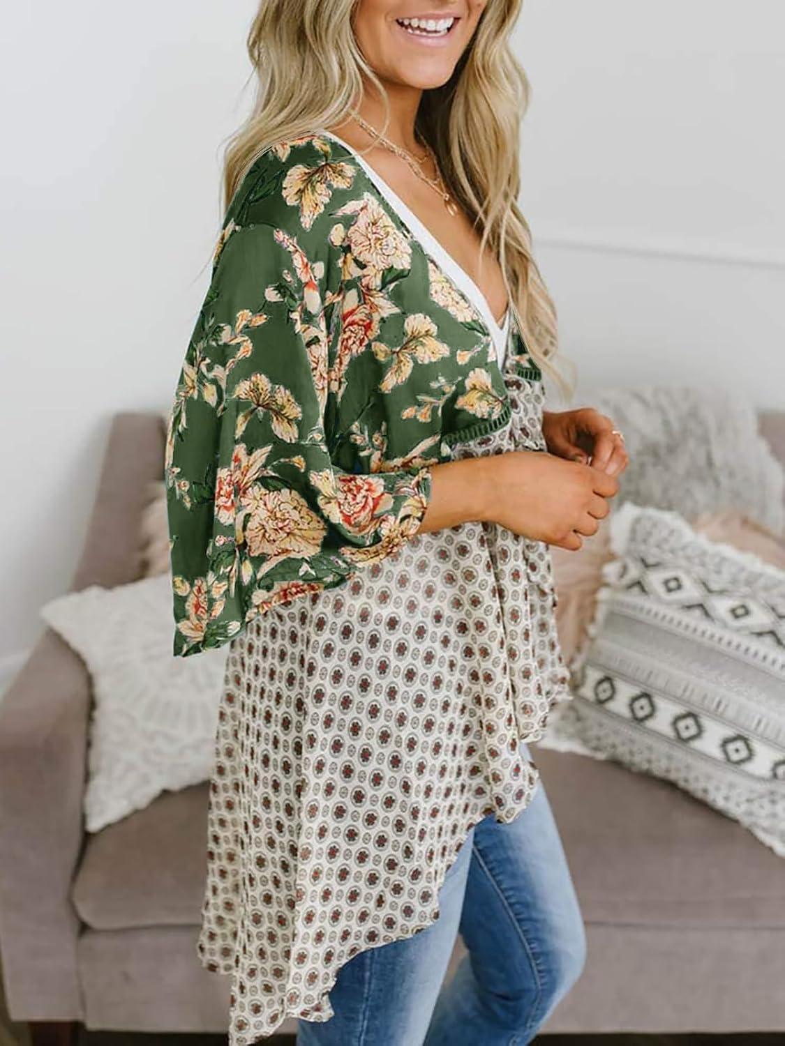 image:imageSaodimallsu Womens Tie Front Kimono Cardigans Floral Lightweight Ruffle 34 Sleeve Boho Flowy Beach Cover UpsArmy Green