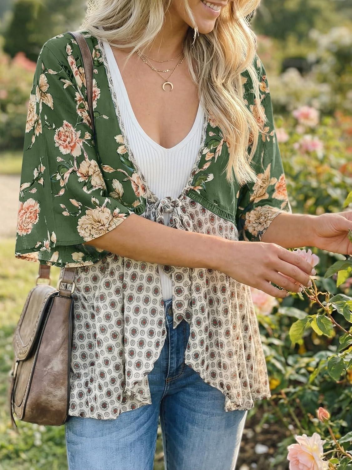 image:imageSaodimallsu Womens Tie Front Kimono Cardigans Floral Lightweight Ruffle 34 Sleeve Boho Flowy Beach Cover UpsArmy Green