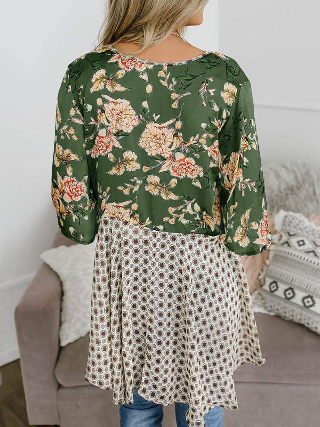 image:imageSaodimallsu Womens Tie Front Kimono Cardigans Floral Lightweight Ruffle 34 Sleeve Boho Flowy Beach Cover UpsArmy Green
