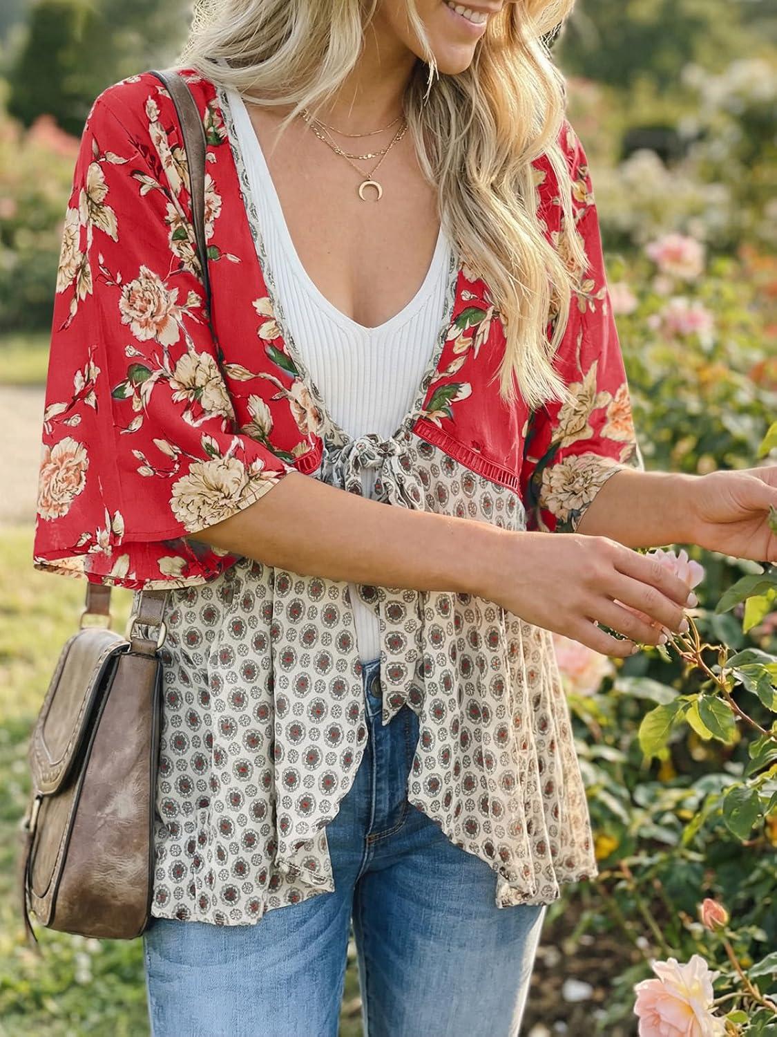 image:imageSaodimallsu Womens Tie Front Kimono Cardigans Floral Lightweight Ruffle 34 Sleeve Boho Flowy Beach Cover UpsBurgundy