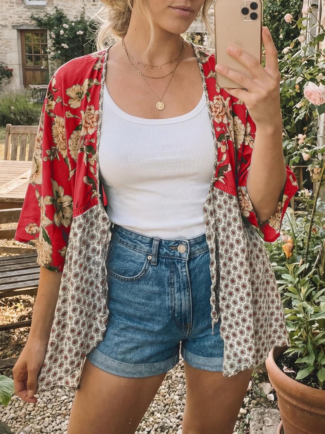 image:imageSaodimallsu Womens Tie Front Kimono Cardigans Floral Lightweight Ruffle 34 Sleeve Boho Flowy Beach Cover UpsBurgundy