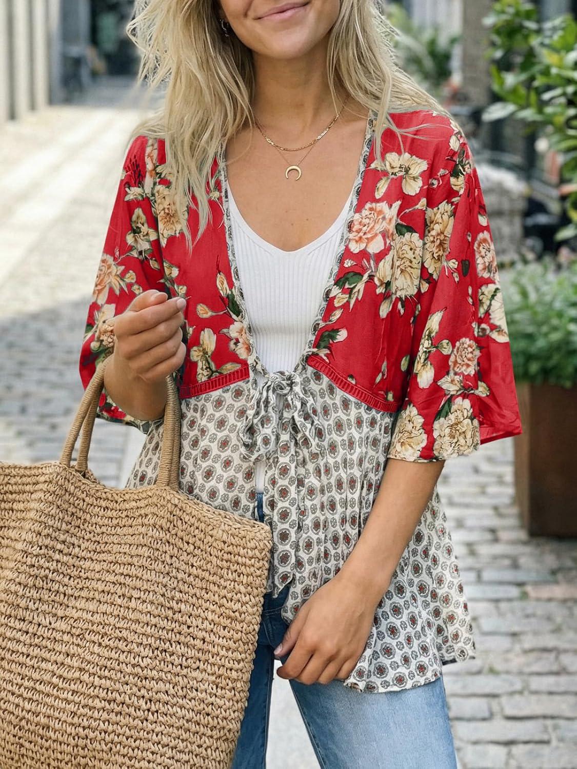 image:imageSaodimallsu Womens Tie Front Kimono Cardigans Floral Lightweight Ruffle 34 Sleeve Boho Flowy Beach Cover UpsBurgundy