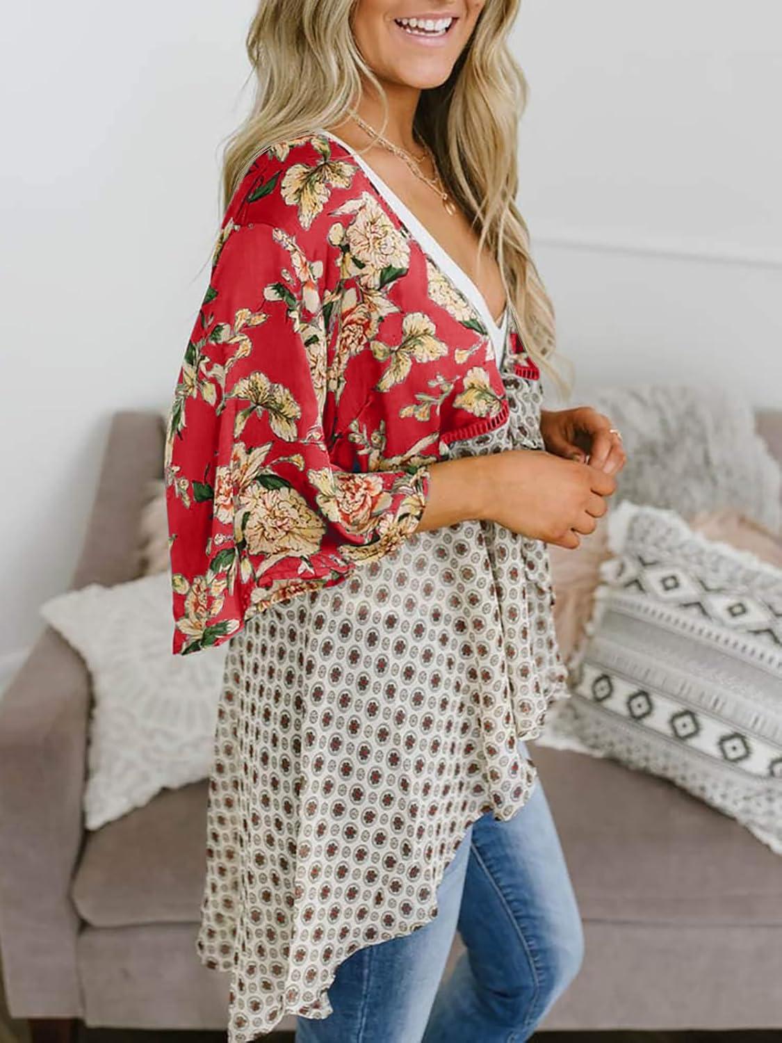 image:imageSaodimallsu Womens Tie Front Kimono Cardigans Floral Lightweight Ruffle 34 Sleeve Boho Flowy Beach Cover UpsBurgundy