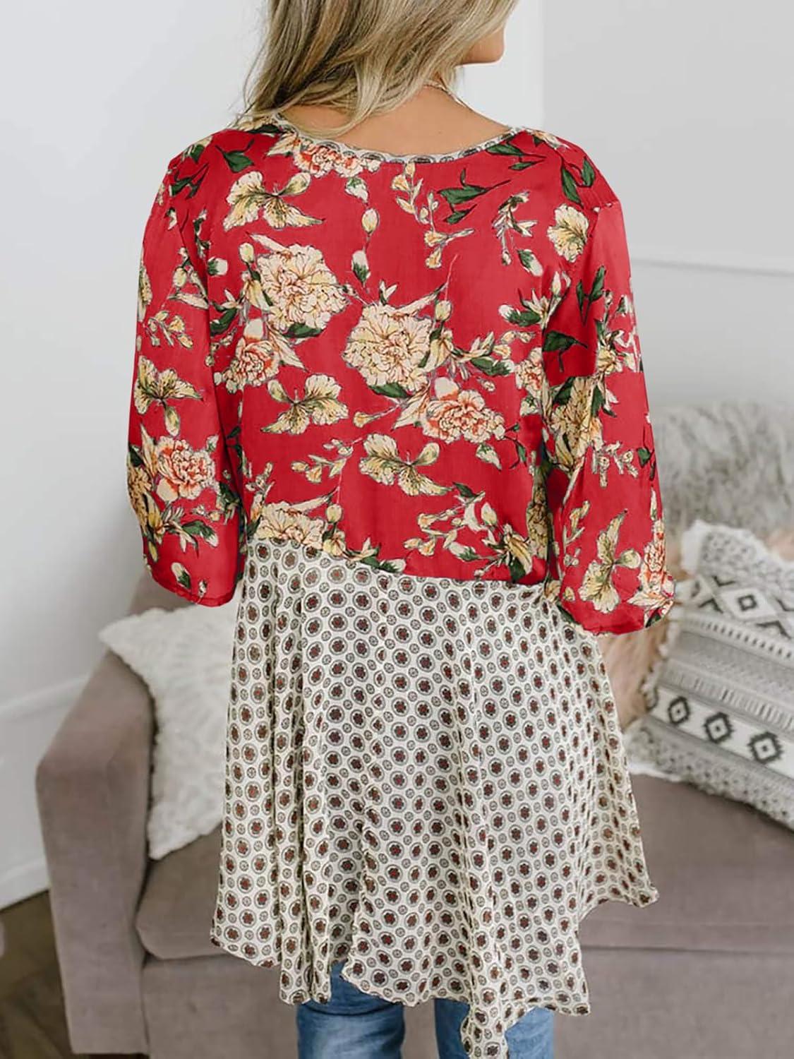image:imageSaodimallsu Womens Tie Front Kimono Cardigans Floral Lightweight Ruffle 34 Sleeve Boho Flowy Beach Cover UpsBurgundy