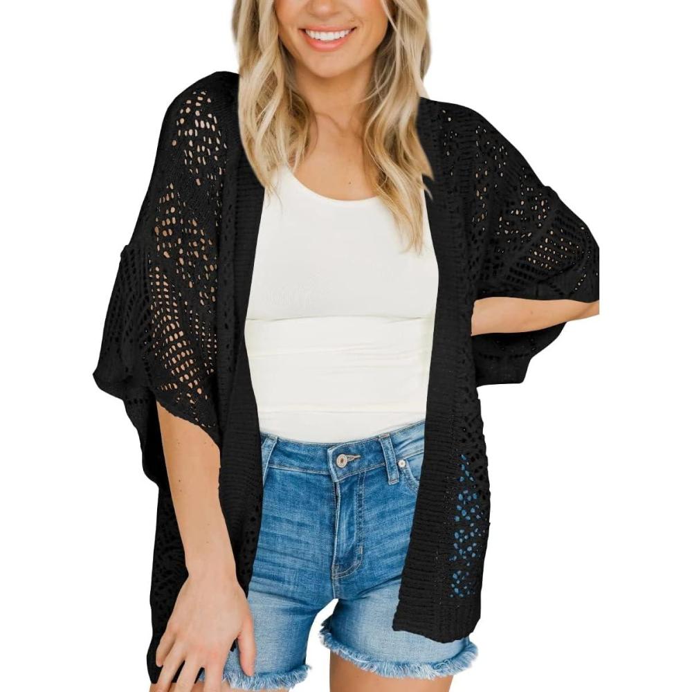 image:imageSaodimallsu Womens Lightweight Crochet Cardigans Summer Oversized 34 Sleeve Open Front Knit Kimono Cover UpBlack