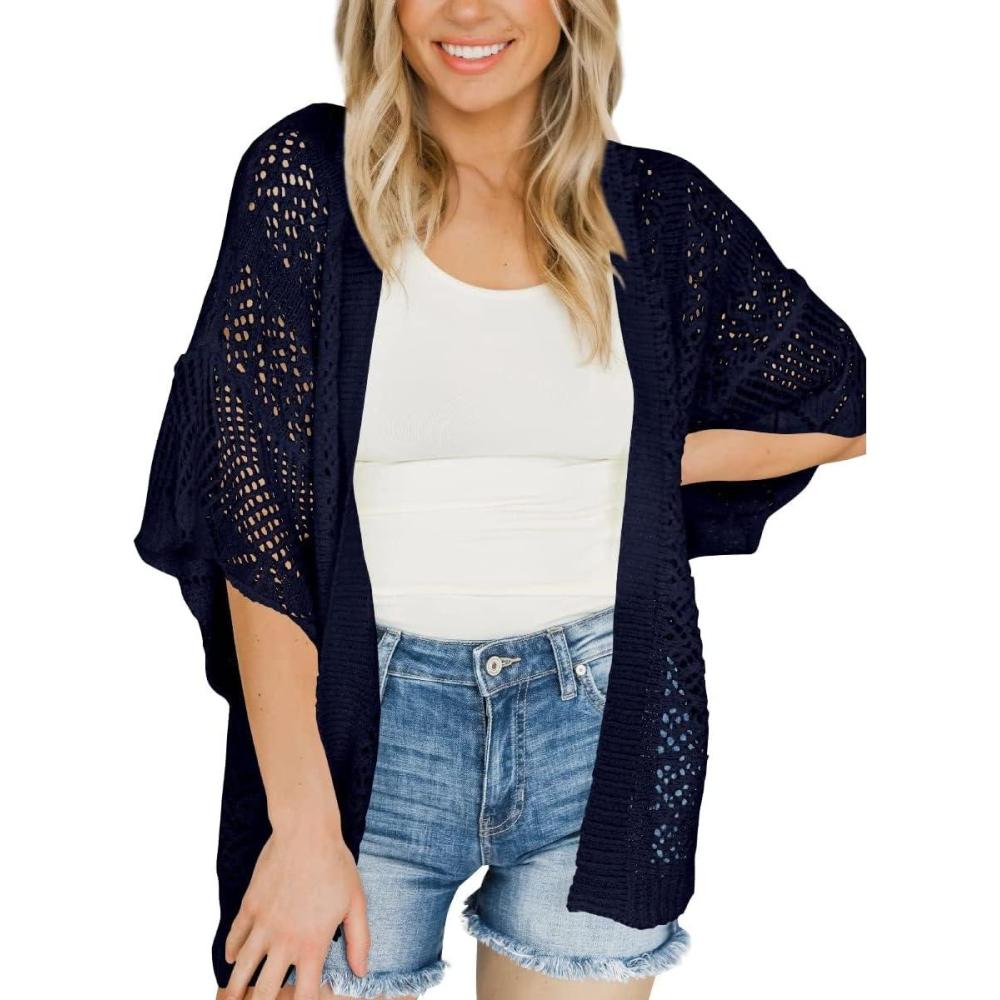 image:imageSaodimallsu Womens Lightweight Crochet Cardigans Summer Oversized 34 Sleeve Open Front Knit Kimono Cover UpNavy Blue