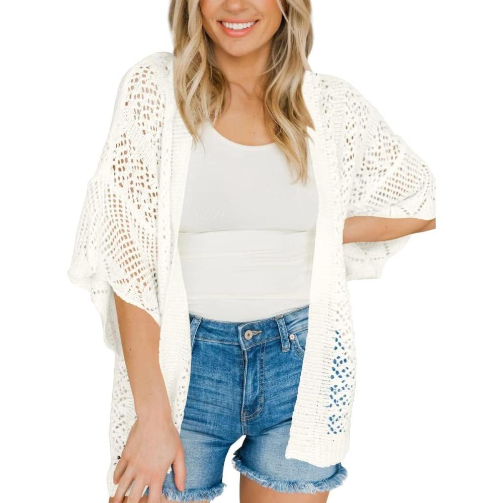 image:imageSaodimallsu Womens Lightweight Crochet Cardigans Summer Oversized 34 Sleeve Open Front Knit Kimono Cover UpWhite