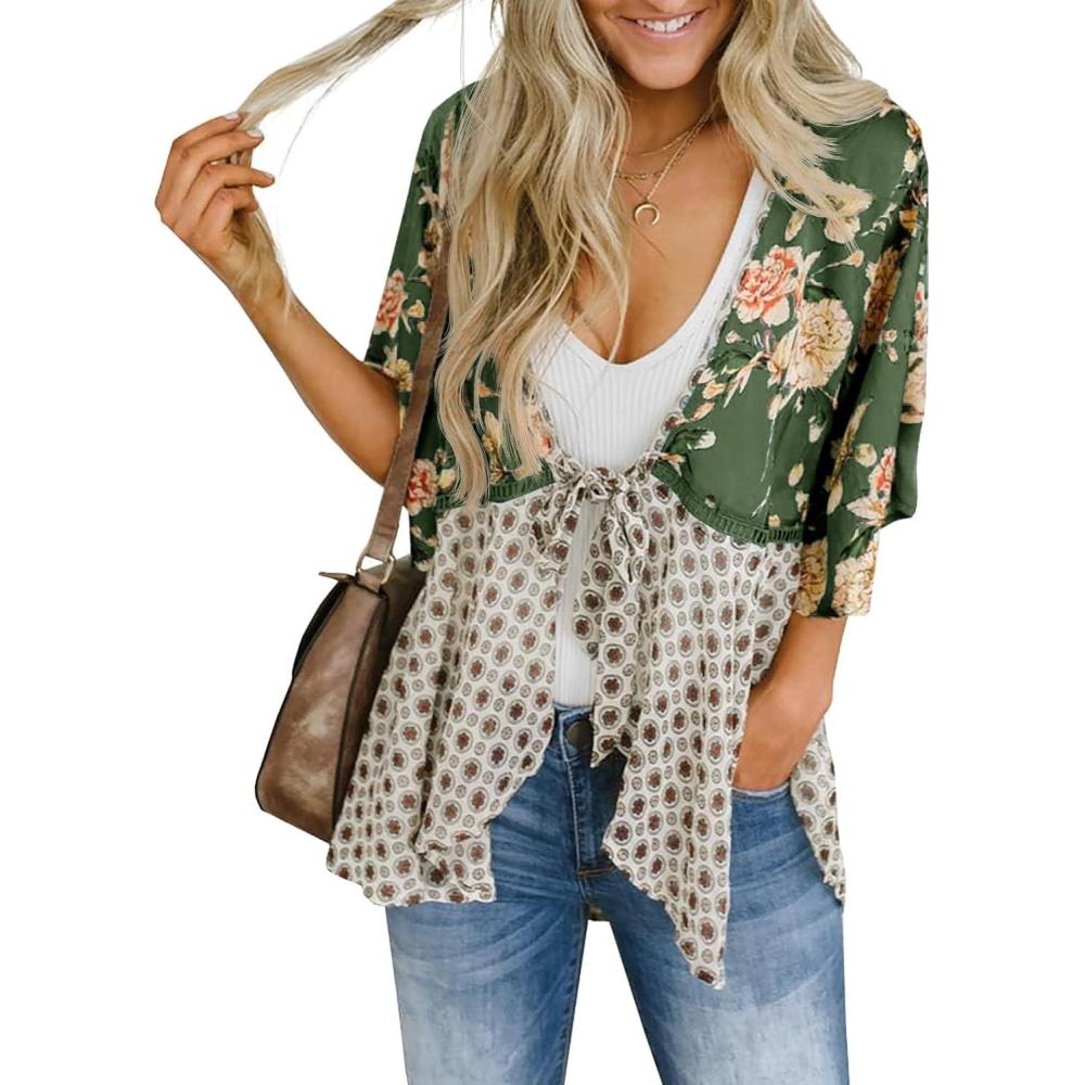 image:imageSaodimallsu Womens Tie Front Kimono Cardigans Floral Lightweight Ruffle 34 Sleeve Boho Flowy Beach Cover UpsArmy Green